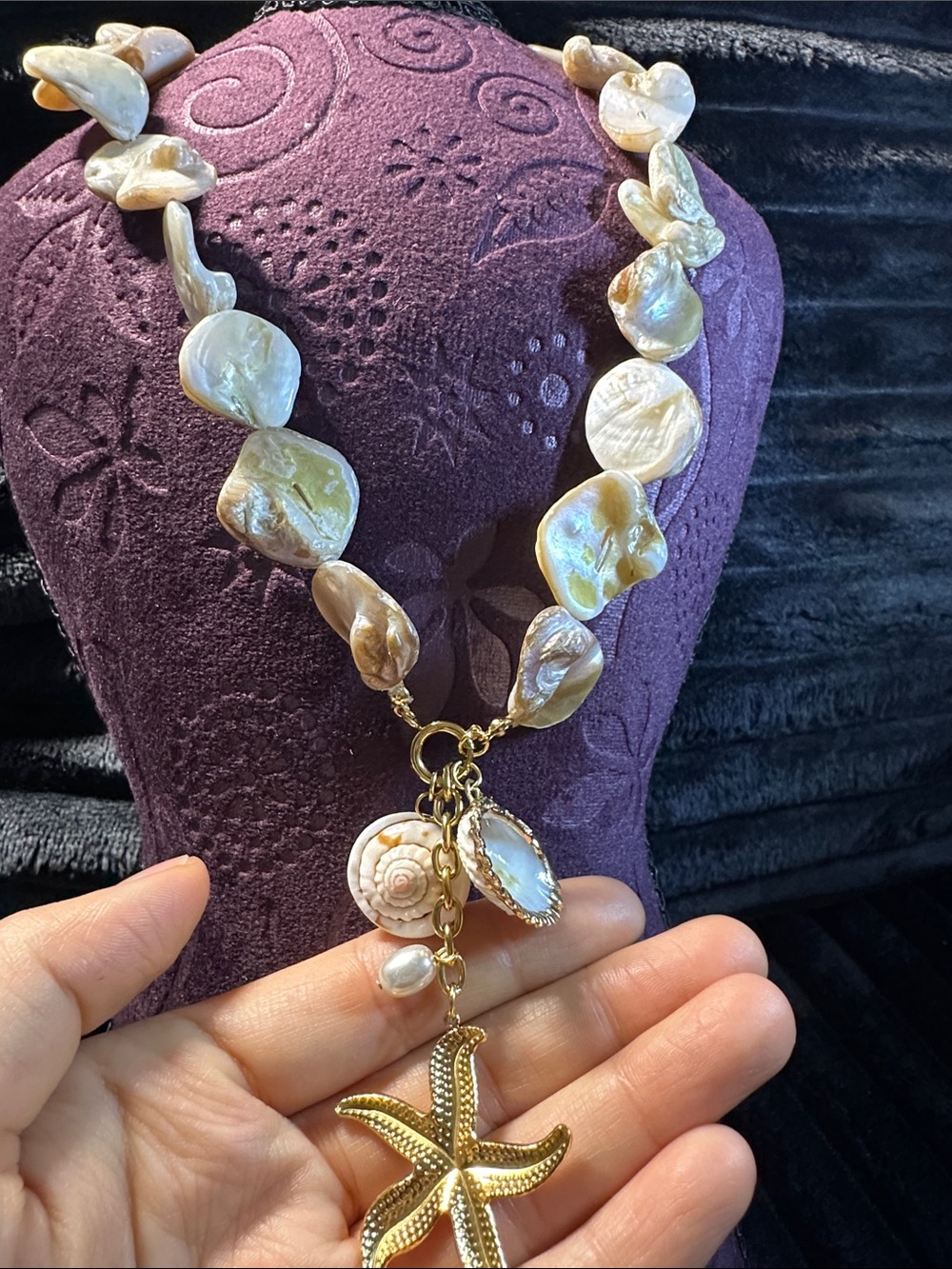 Kenneth Jay Lane Iridescent Shell Necklace with Gold Starfish Drop - Picture 5 of 5